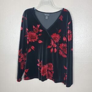 Lane Bryant Black/Red Floral Print Long Sleeve V-Neck Velvet Top 18/20